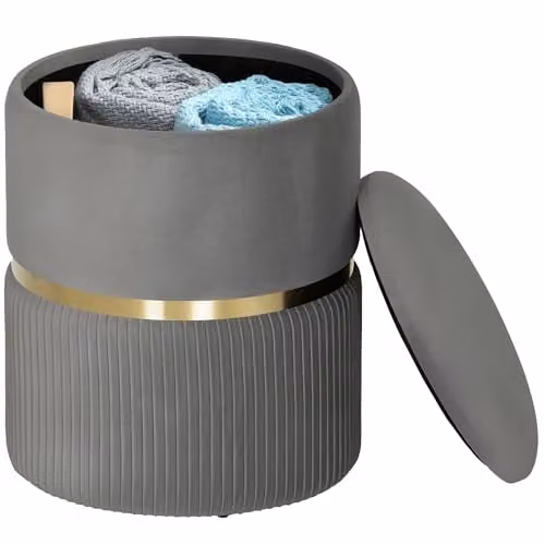 HOMCOM Round Velvet Storage Stool and Pouffe in Grey, W/D/H: 36 x 36 x 44 cm