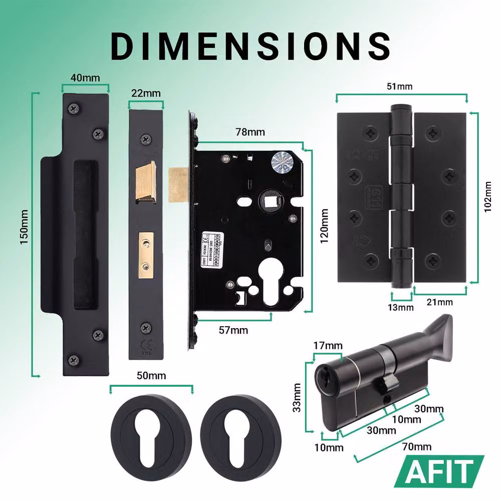 AFIT Black Fire Door Handle, Euro Lock Thumbturn Cylinder Set and Hinges, W/D/H: 15 x 15 x 15 cm – 4