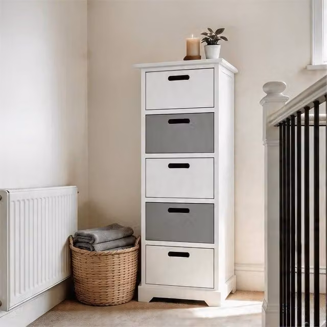 Nordara White 5 Drawer Wooden Chest of Drawers Hallway Storage Organiser W: 110 cm, D: 15 cm – 1