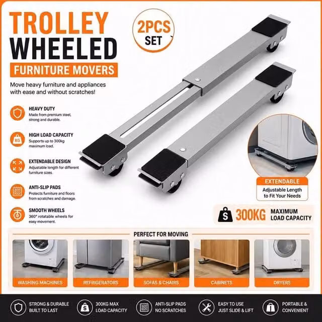 ATEK 2 Pack Heavy Duty Adjustable Appliance Rollers in White and Grey with Metal Brake Wheels for Moving Fridges, Washing Machines and Dryers
