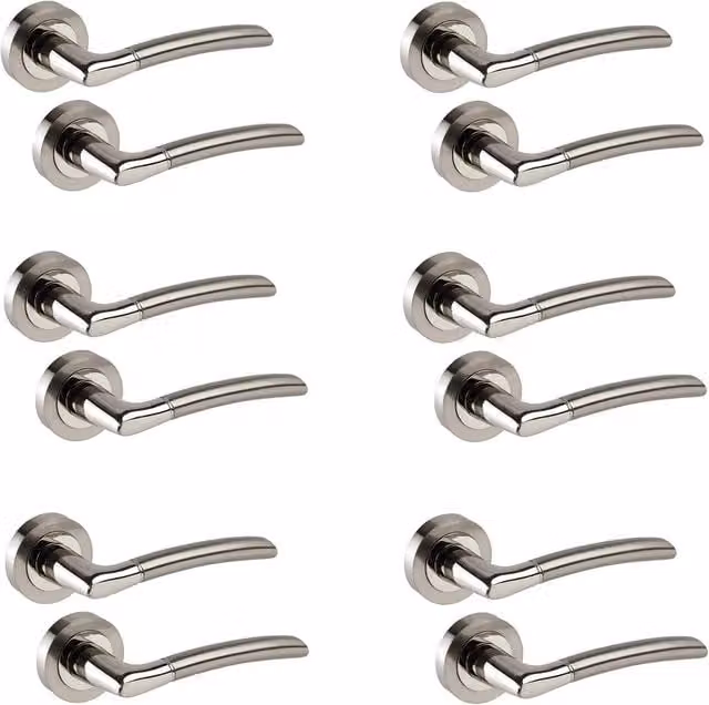Golden Grace Indiana Door Handles on Rose Lever Latch Duo in Polished and Satin Stainless Steel