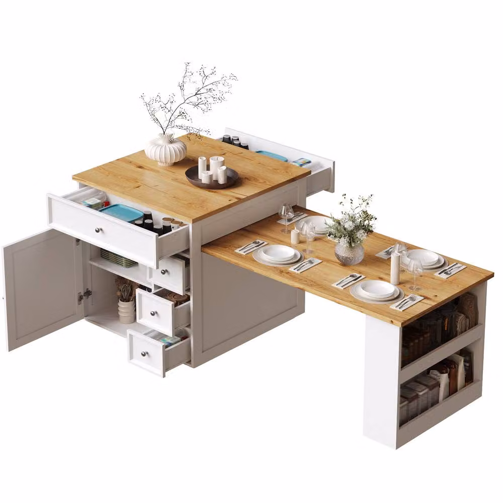 BTM Extendable Kitchen Island with Drawers and Rolling Storage Cart in White – 5