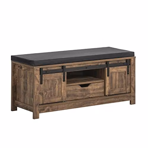 SoBuy FSR118-N Industrial Shoe Bench and Storage Cabinet in Brown with 2 Sliding Doors and Synthetic Leather Seat Cushion, W/D/H: 101 x 35 x 46 cm – 2