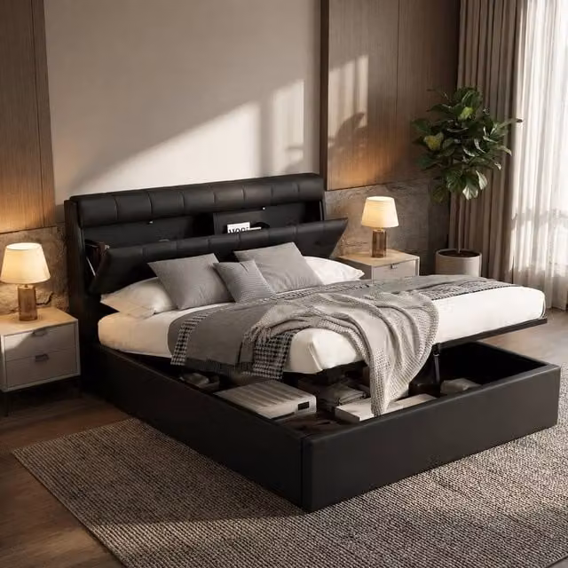 Merax Double Upholstered Ottoman Storage Bed with Headboard in Black, W/D/H: 140 x 200 x 135 cm