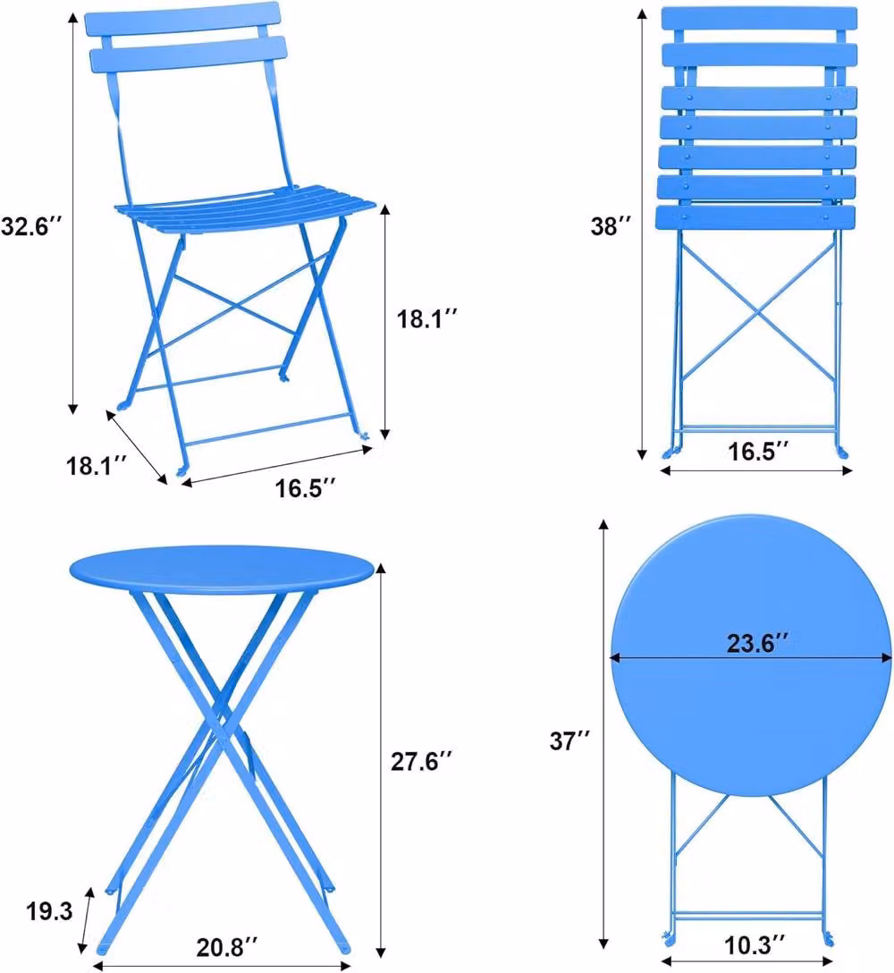 London Boutique 3-Piece Foldable Bistro Set Blue Metal Garden Furniture Set with Table and 2 Chairs – 3