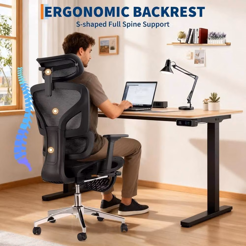VOGREX Black Ergonomic Fabric Office Chair with Headrest and Armrests – 5