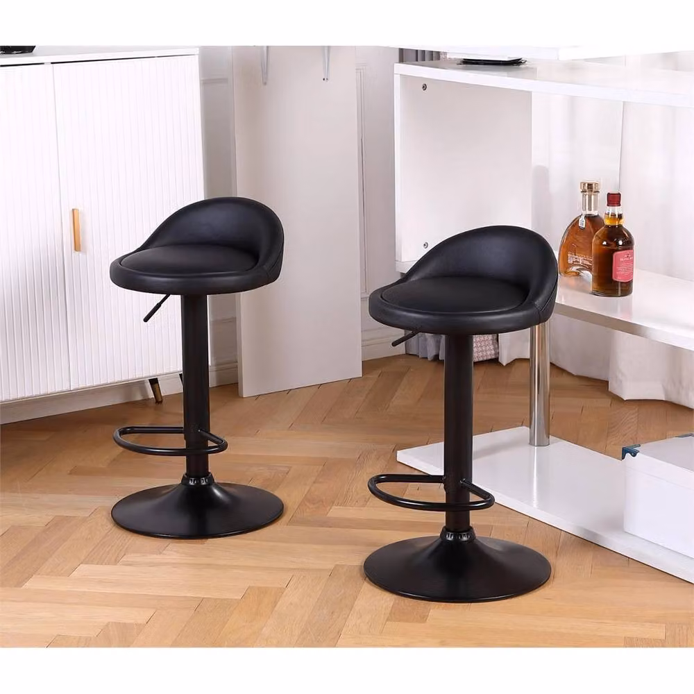 Nordara Black-3x Set of 3 Modern Low Back Kitchen Bar Stools in Black Faux Leather with Metal Legs – 3