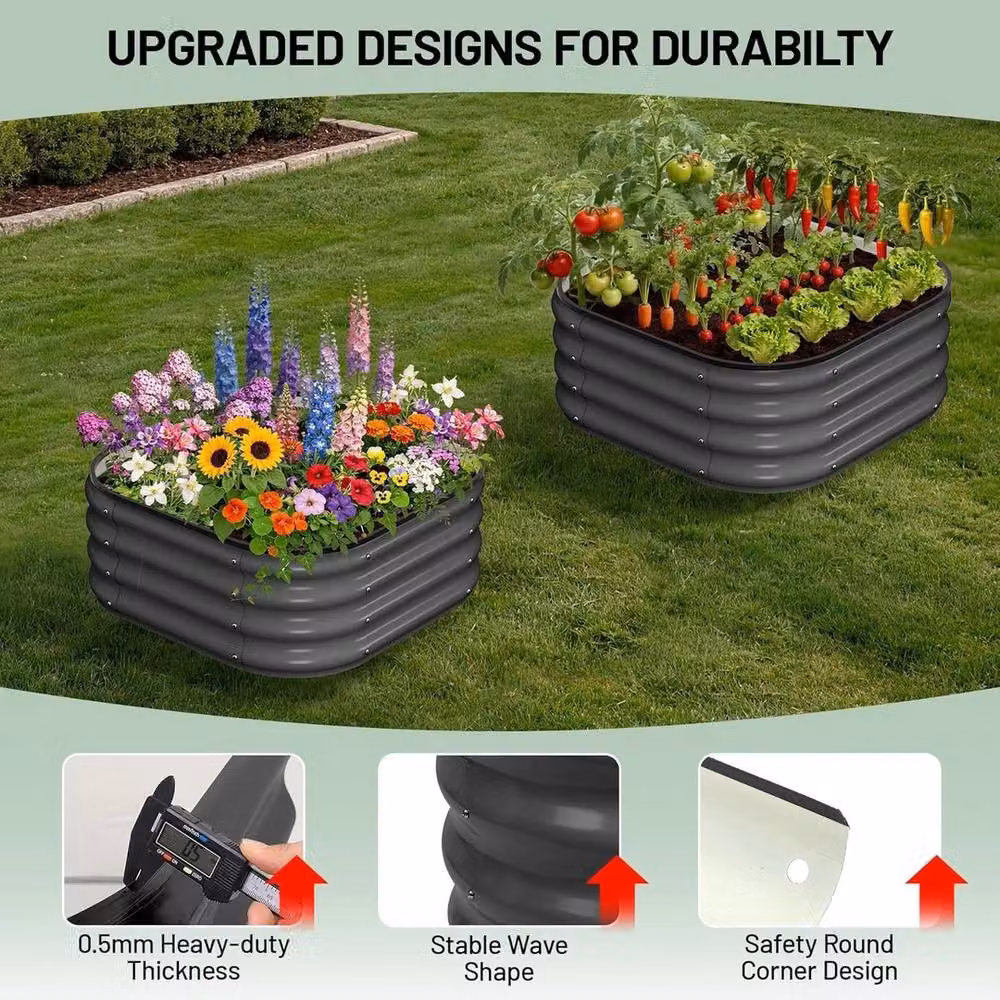 VOGREX 2-Piece Galvanised Steel Raised Garden Bed Set with Rubber Edge Trim in Black, W/D/H: 60.96 x 60.96 x 30.48 cm – 5