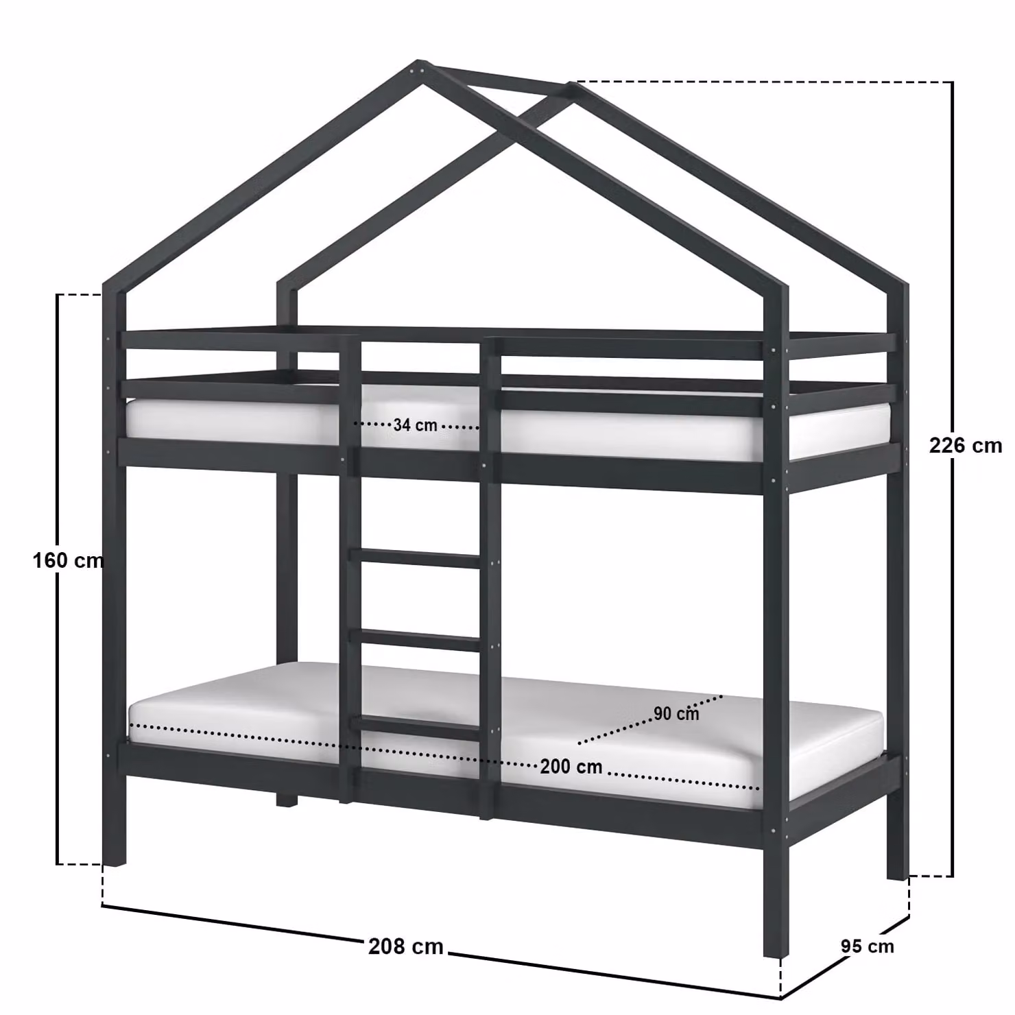 Flair Nest House Bunk Bed in Grey, Solid Wood, W/D/H: 90 x 200 x 223 cm – 2