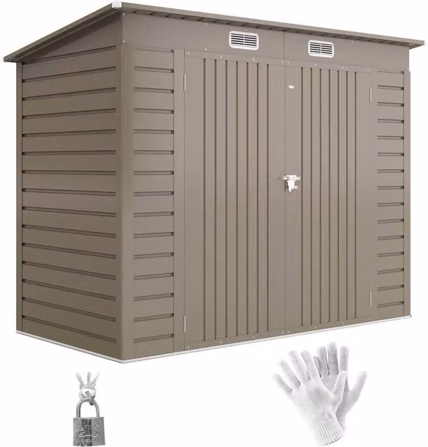 Rolipo Galvanised Steel Pent Shed with Double Doors and Lock, Light Grey