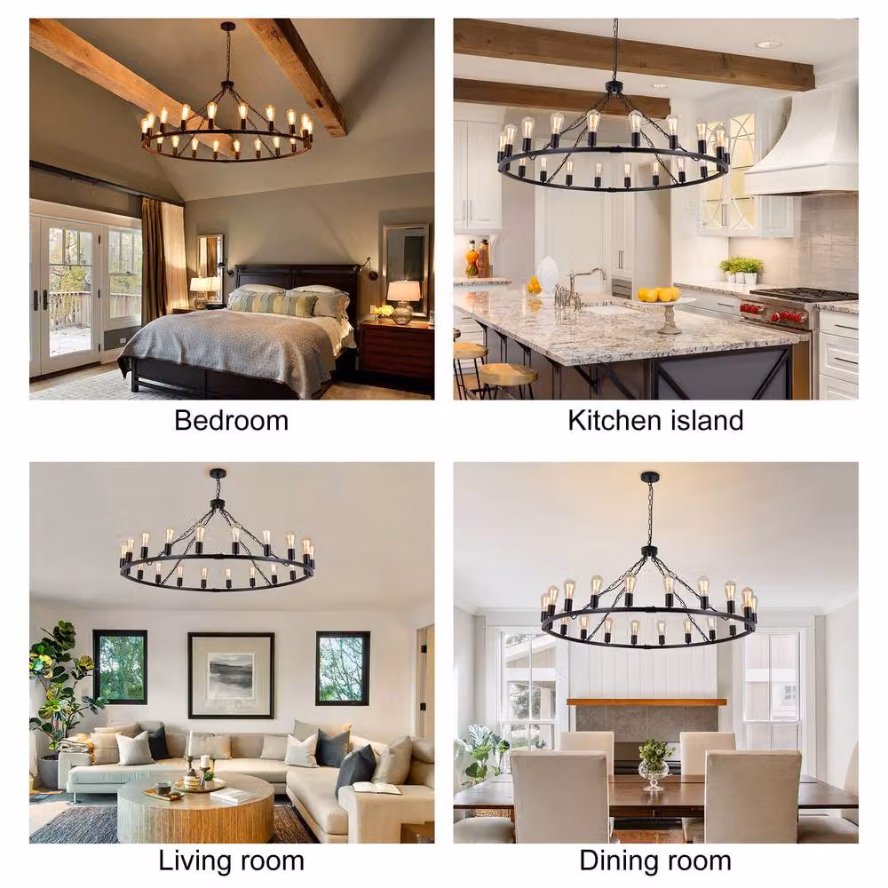 NIVOR 20-Light Waggon Wheel Kitchen Chandelier in Black and Bronze, Adjustable Retro Metal Pendant Light with E27 Base – 3