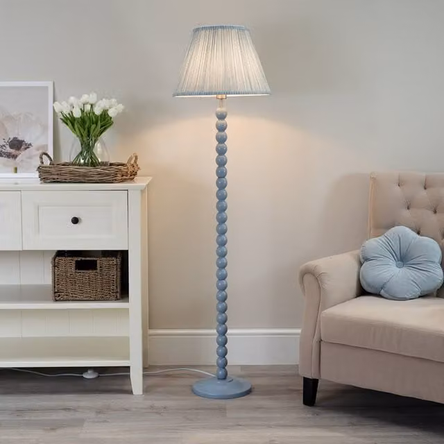 ValueLights Bobbins Floor Lamp with Tapered Pleated Fabric Shade and LED Bulb in Blue
