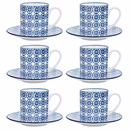 Nicola Spring 12 Piece Blue Hand Printed Porcelain Espresso Cup and Saucer Set, 65ml