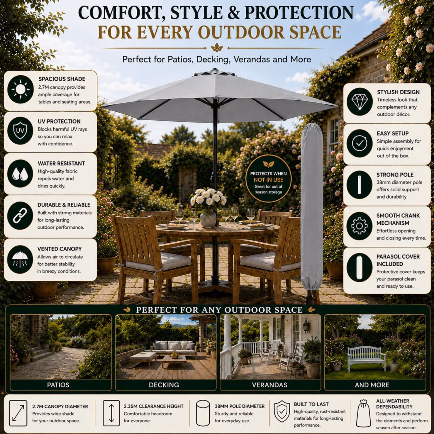 Glamhaus Grey Garden Parasol with Crank Handle and UPF 50+ Protection, Diameter: 270 cm – 3
