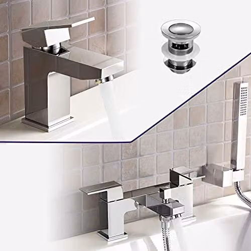 Nes Home Chrome Modern Single Lever Basin and Bath Shower Mixer Tap with Pop Up Waste in Silver