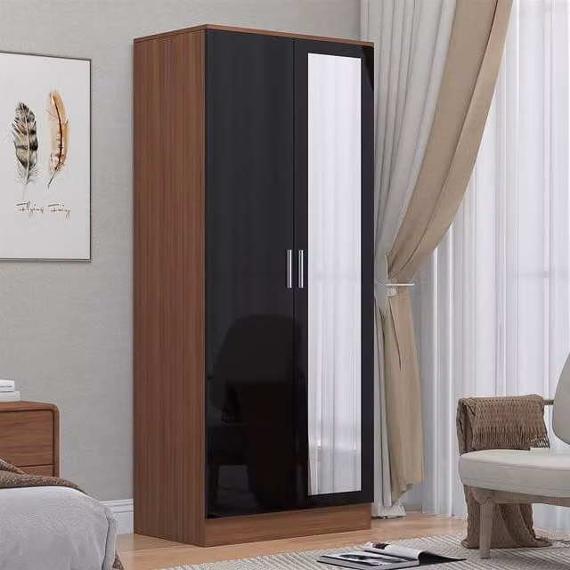 Reflect 2 Door Mirrored Wardrobe in Black Gloss and Walnut, H 180 cm x W 76 cm x D 47 cm