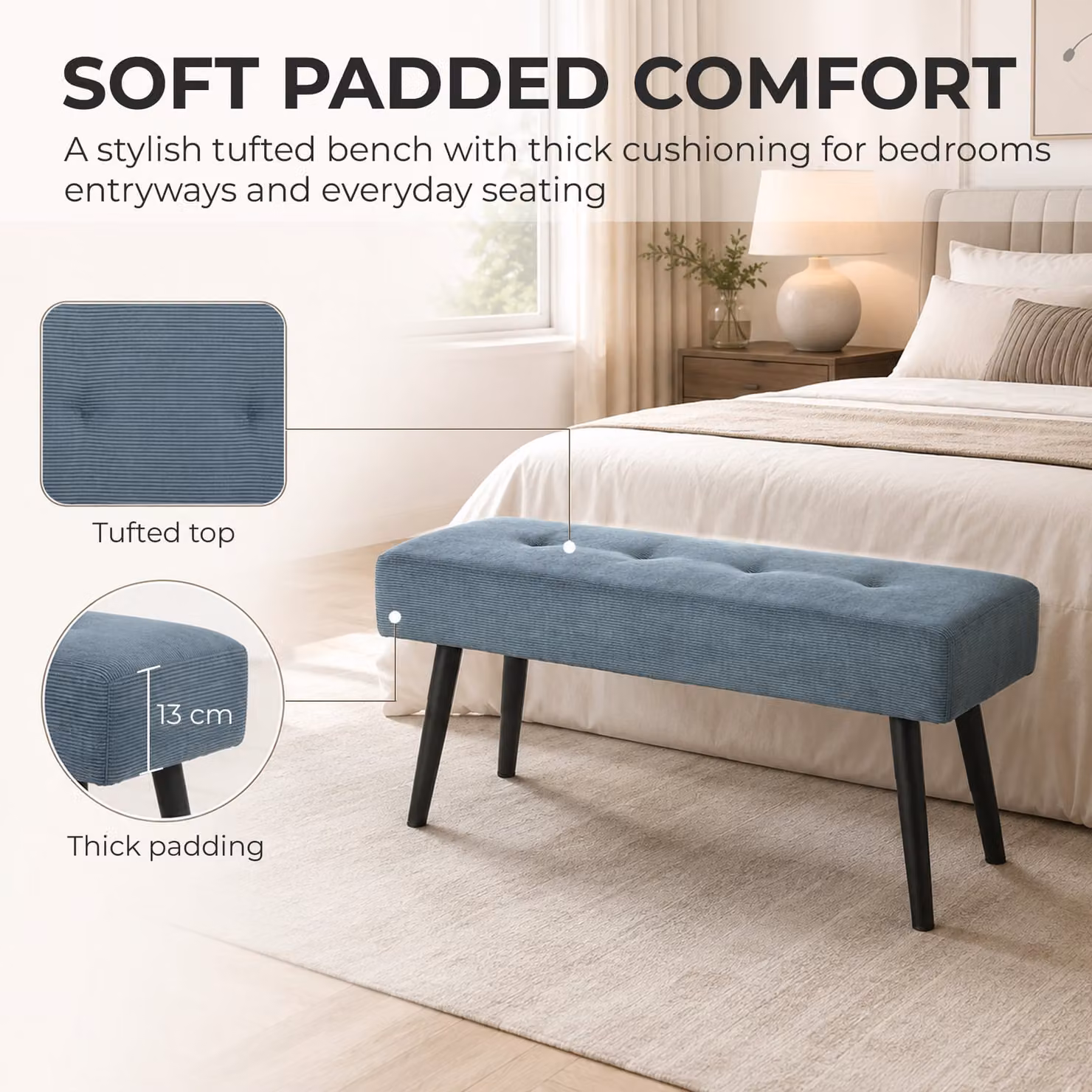 HOMCOM Modern Corduroy Upholstered Bedroom and Hallway Bench with Metal Legs, Blue – 3