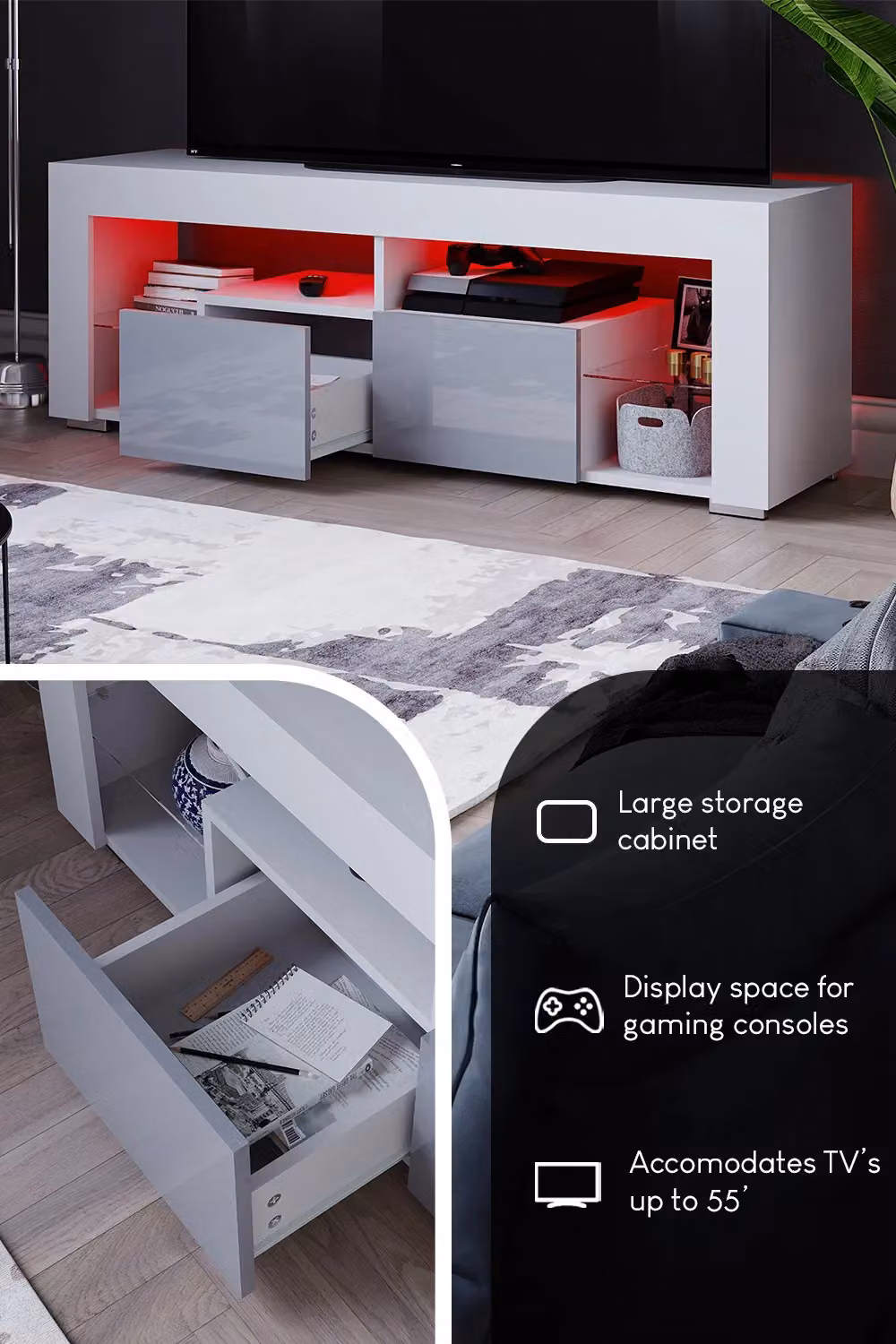 Vida Designs Luna Modern Glossy White and Multicolour 2 Drawer LED TV Unit with Glass Details – 4