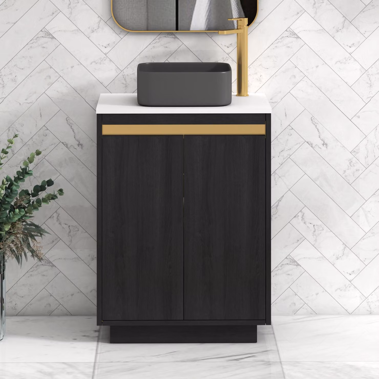 Royal Bathrooms Orion 600mm Hale Black and White Floor Standing 2 Door Vanity Unit with Art Square Basin and Brushed Brass Accent Trim