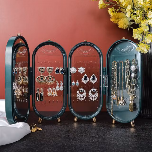 Livingandhome Foldable Green Jewelry Storage Box with Mirror