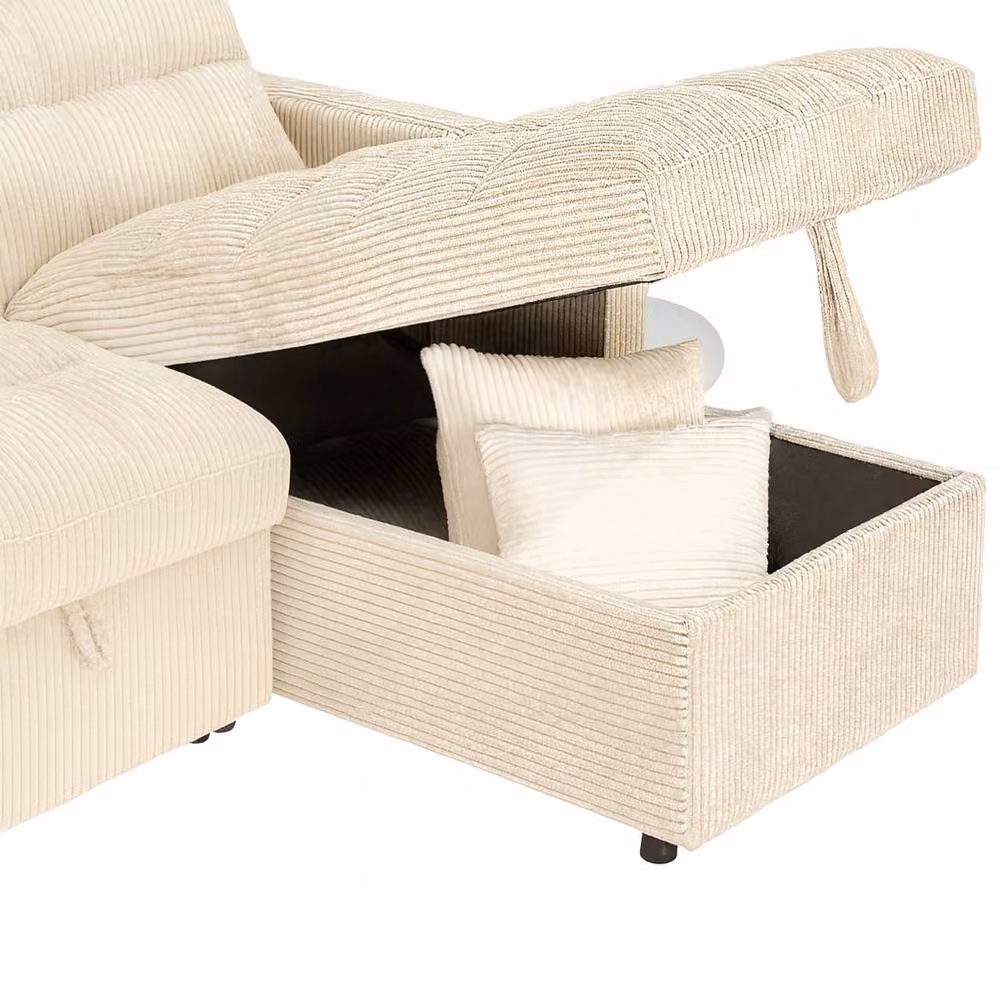 SquareBoxx Modena 3 Seater Jumbo Cord Sofa Bed with Reversible Storage Chaise in Cream – 2