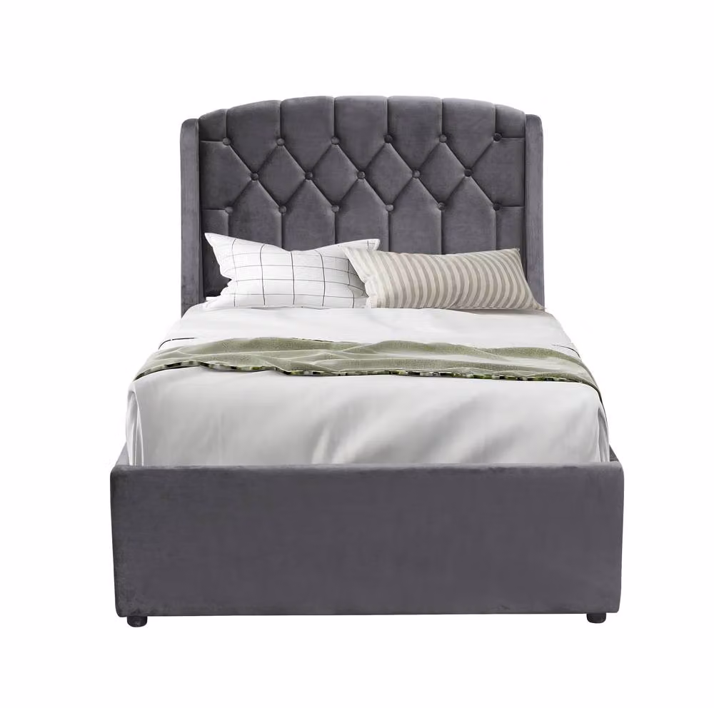 Comfy Living Ltd Grey Fabric Upholstered Gaslift Bedframe with LED Headboard, Single, W: 90 cm x L: 190 cm – 2