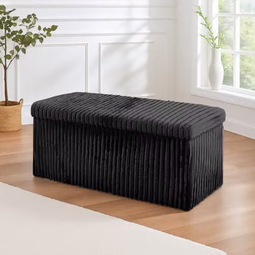 Home Republic Corduroy Ottoman Storage Box in Black, Foldable Rectangular Footstool and Toy Chest, W/D/H: 76 x 38 x 38 cm – 2