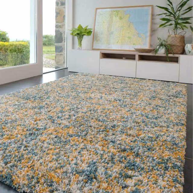 The Rug House Mottled Soft Shaggy Area Rug in Petrol, Yellow and Multicolour, W: 230 cm, D: 160 cm