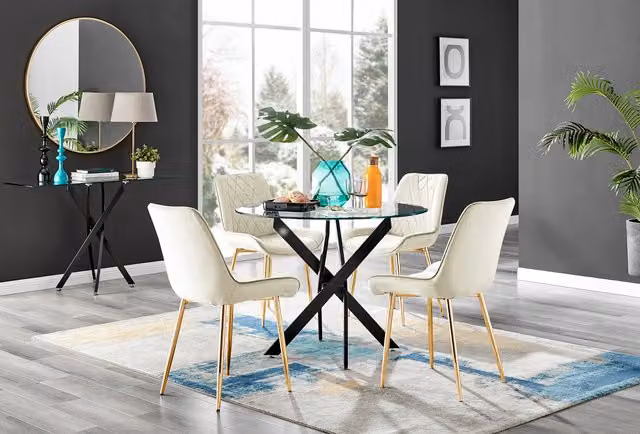 FurnitureboxUK Novara Round Glass Dining Table with 4 Pesaro Gold Leg Chairs in Cream and Black