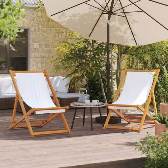 Berkfield Home Set of 2 Folding Beach Chairs in Cream White UV-Resistant Fabric and Treated Hardwood – 1