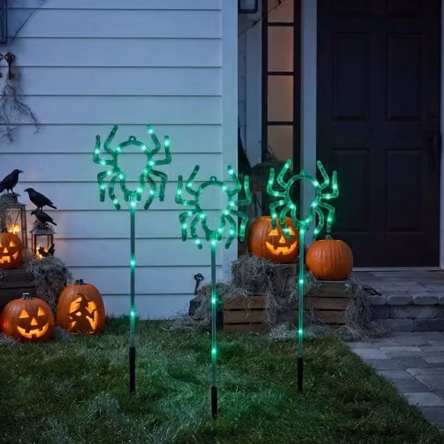 Garden Greatness Set of 3 Green Spooky Spider LED Ground Spike Lights