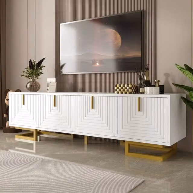 BTM Modern White Glossy TV Stand with Geometric Textured Doors and Gold Handles, W/D/H: 113 cm x 38 cm x 44.5 cm