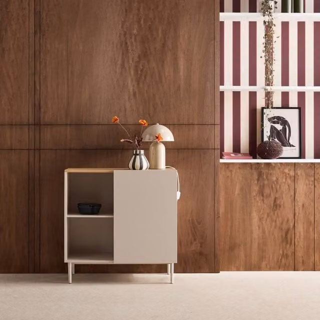 sweeek Modern Sideboard Storage Unit with 1 Door in Beige and Walnut Wood Decor – 1