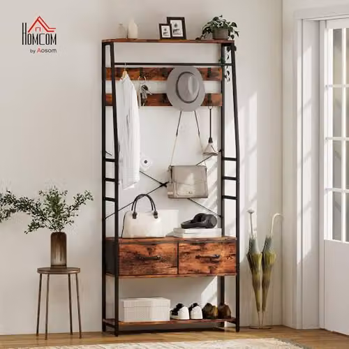 HOMCOM Industrial Hall Tree with Bench and 10 Hooks in Brown and Black, H 180 x W 80 x D 30 cm – 2