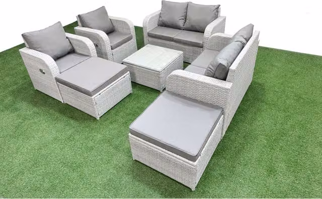 Fimous 8-Seater Outdoor Rattan Reclining Sofa Set with Coffee Table and Ottoman, Light Grey with Dark Grey Fabric Cushions