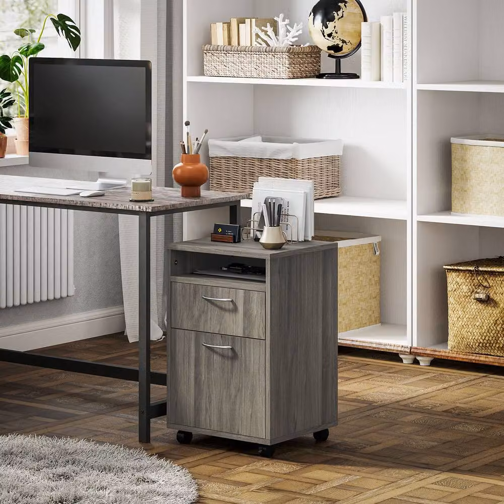 Rolipo Grey 2-Drawer Mobile Filing Cabinet and Printer Stand with Open Shelf – 4