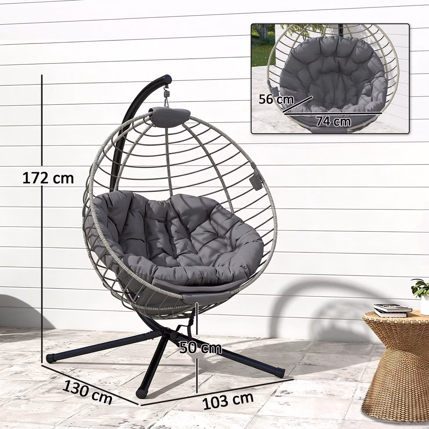 Outsunny PE Rattan Hanging Swing Chair with Metal Stand and Padded Cushion in Grey – 3