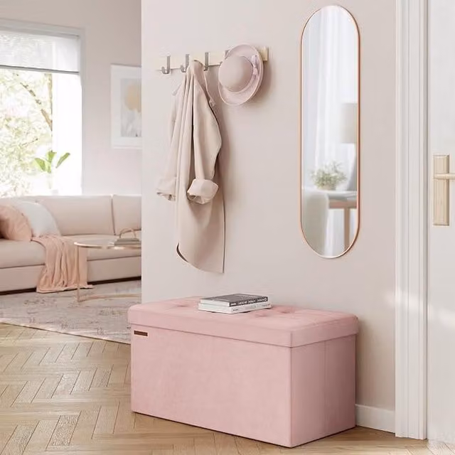 SONGMICS Velvet Storage Ottoman, Foldable Small Foot Rest in Jelly Pink