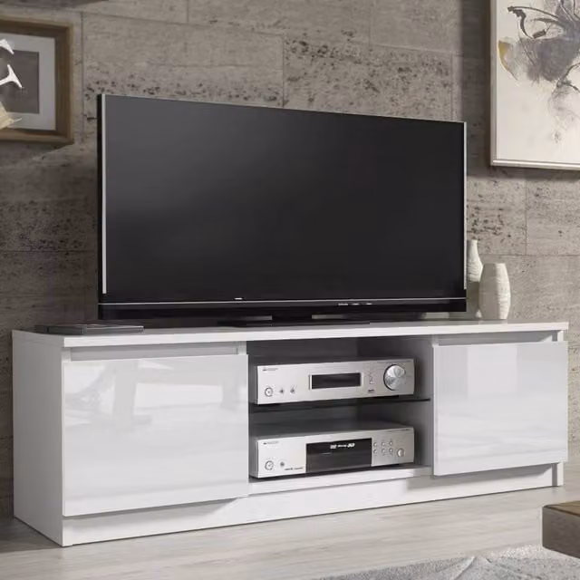 Creative Furniture Aura TV Unit, White with Glossy MDF and Glass Doors, W: 120 cm, D: 40 cm, H: 38 cm
