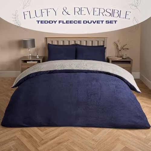 OHS Reversible Teddy Fleece Duvet Cover and Pillowcase Set in Blue and Grey, King Size (W/D/H: 180 x 200 cm) – 2