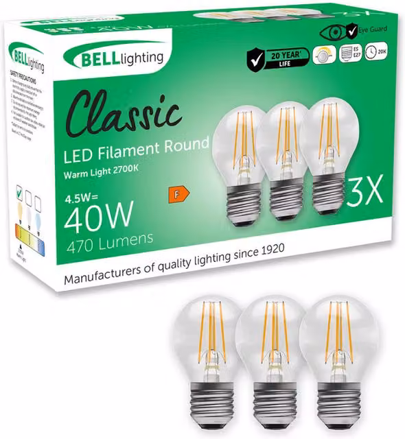 BELL Lighting E27 Dimmable LED Golf Ball Filament Bulb, Warm White 2700K, 4.5 W, Transparent Glass