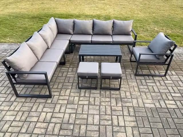 Fimous Modern L-Shape Outdoor Garden Furniture Set in Dark Grey with Powder Coated Aluminium Frame, Corner Sofa, Armchair, Coffee Table and Two Ottomans