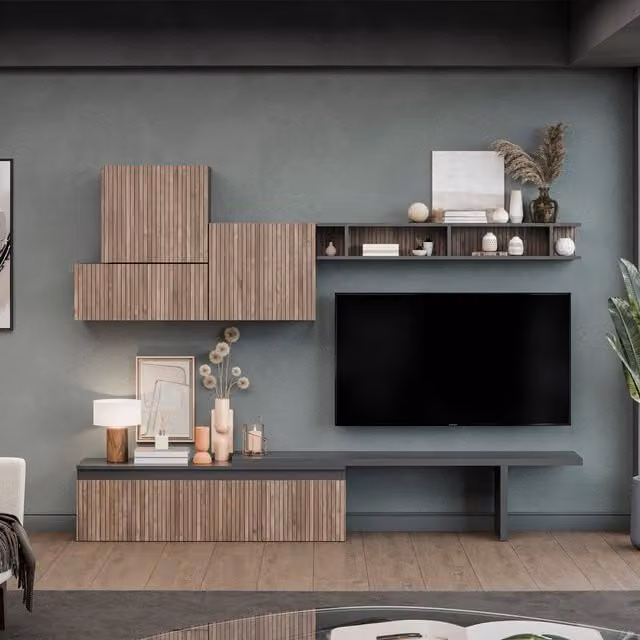 Decorotika Estoril Wall Mounted Entertainment Center in Black and Brown with Striped Pattern
