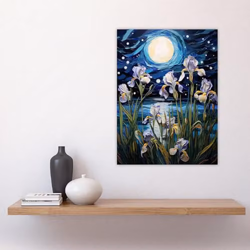 Artery8 Ethereal Iris Flower Blooms Fantasy Lake Full Moon Wall Art Poster Print, Multicolour, W: 45.7 x H: 61.0 cm – 4