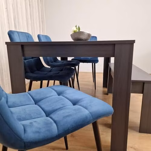 KOSY KOALA Modern 6 Seater Dining Set with Rectangular Dark Grey Table, 4 Blue Velvet Chairs and 1 Bench, W/D/H: 140 x 80 x 75 cm – 2