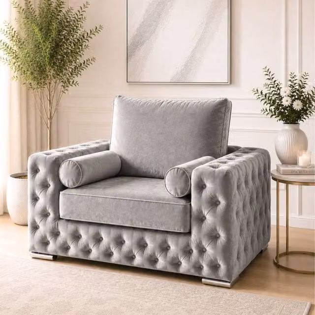 Stratus Interiors Ashley Chesterfield Plush Velvet Armchair in Light Grey – 1