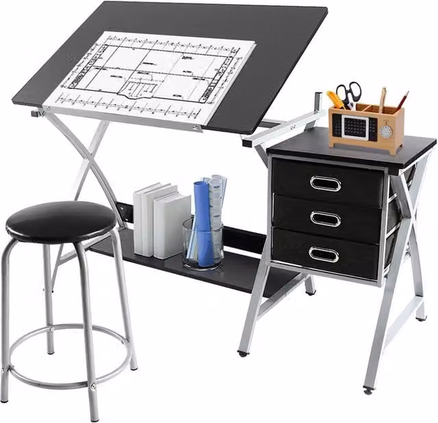 Yaheetech Adjustable Steel Drafting Table with Stool, Black