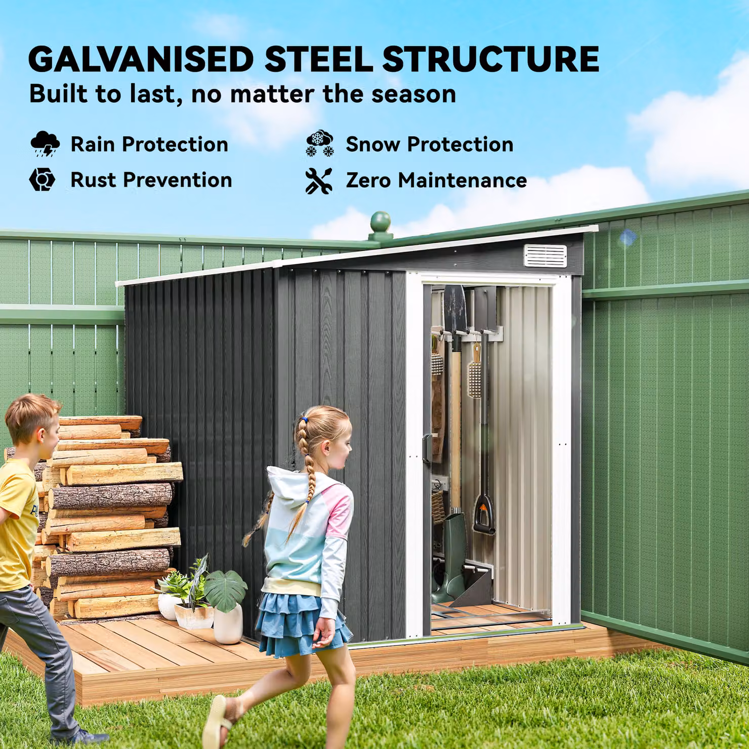 Outsunny Galvanised Metal Pent Shed with Sliding Door, Light Grey, W/D/H: 206 x 152.4 x 181 cm – 4