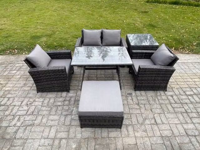 Fimous Dark Grey Rattan Outdoor Garden Furniture Set with High Back Sofa, Dining Table, Large Footstool and Side Table