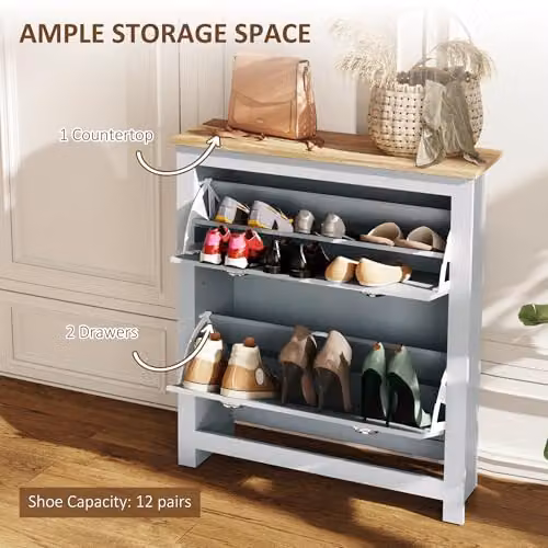 HOMCOM Modern Narrow Shoe Cabinet with Tilting Compartments and Drawers, Grey – 2
